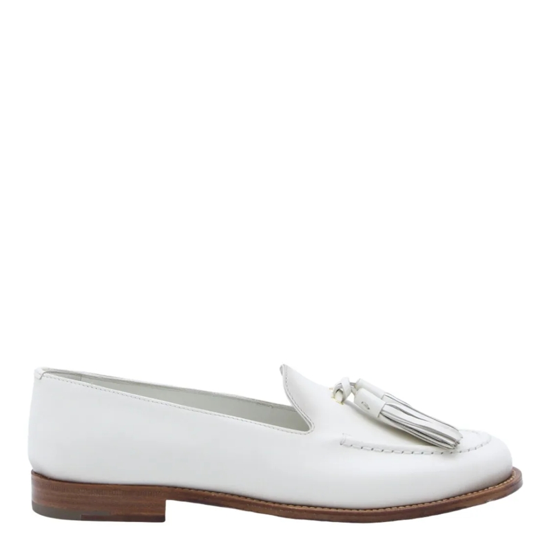Church's Ballerinas White Leather Loafer Flats With Decorative Tassels White