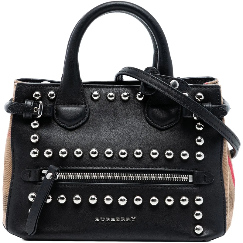 Burberry Schultertasche Baby Banner Studded Leather and House Check Tote schwarz