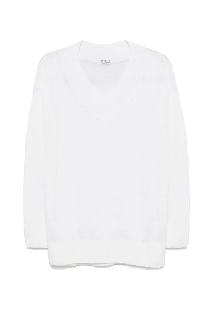 Thumbnail - Brunello Cucinelli - Relaxed Fit Lightweight Sweater With Deep V-Neckli - Größe S - white