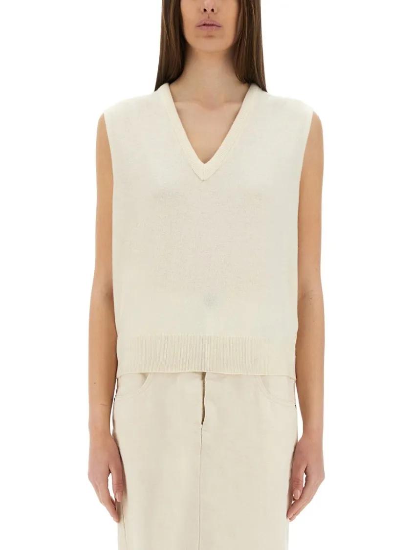 Thumbnail - Maison Margiela - V-Neck Virgin Wool Vest With Ribbed Hem - Größe S - beige