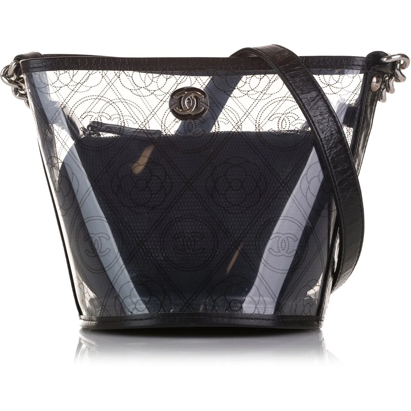 Chanel Schultertasche Crumpled Calfskin PVC Camellia Bucket schwarz