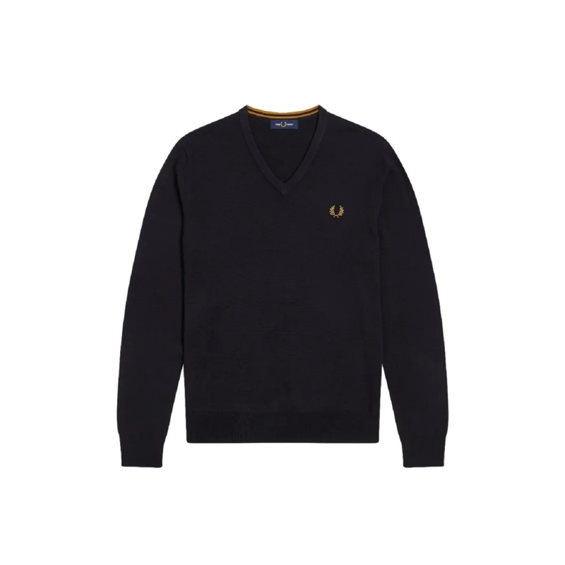 Fred Perry Pullover Blue Wool/Cotton Blend V-Neck Pullover Blue