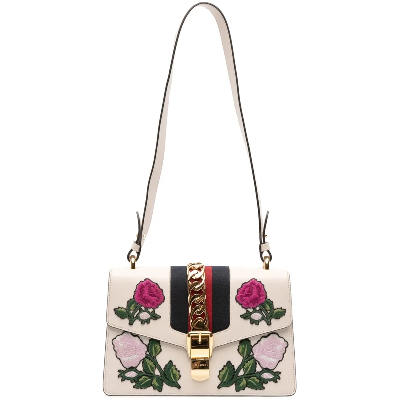 Gucci Sac à bandoulière Small Floral Embroidered Leather Sylvie Satchel weiß