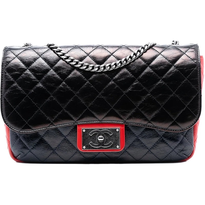 Chanel Schultertasche Large Tricolor Quilted Glazed Calfskin CC Plate Fl schwarz