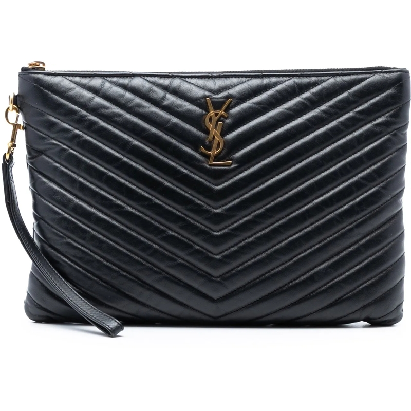 Saint Laurent Clutch Quilted Chevron Leather Monogram Document Holder schwarz