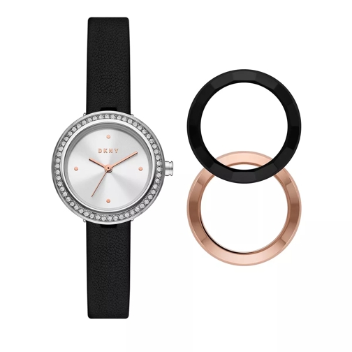DKNY Sasha Three-Hand Stainless Steel Watch and Top Rin Black-Tone Quartz Horloge