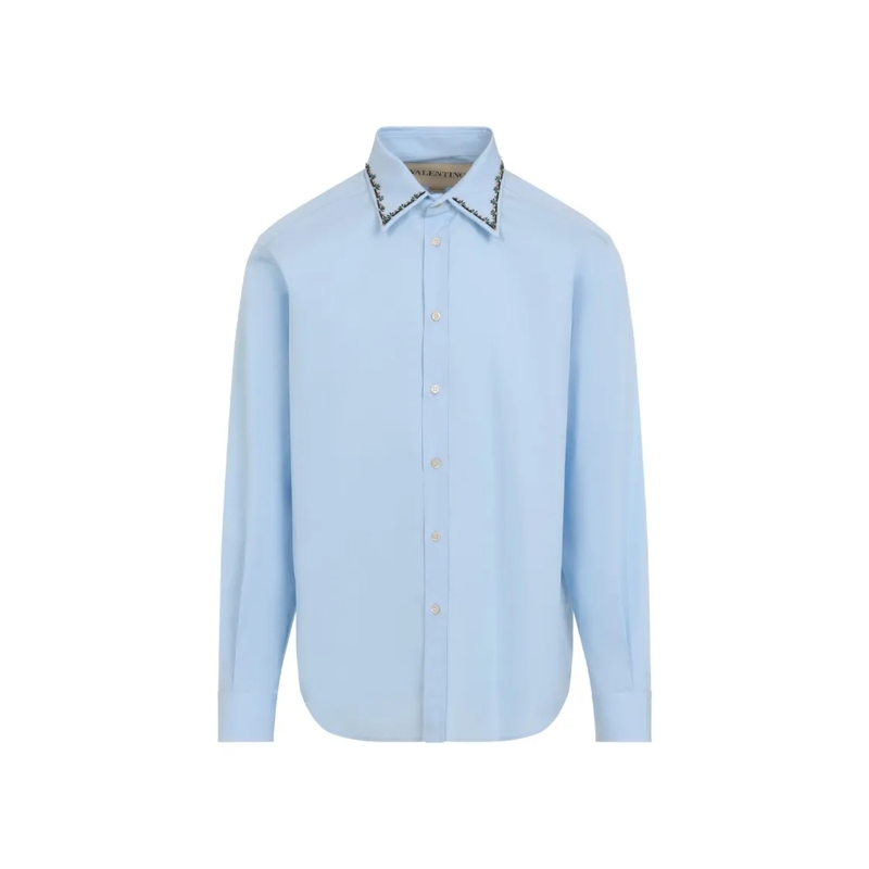 Valentino Garavani Overhemd Light Blue Long-Sleeve Shirt With Floral Embroider Blue