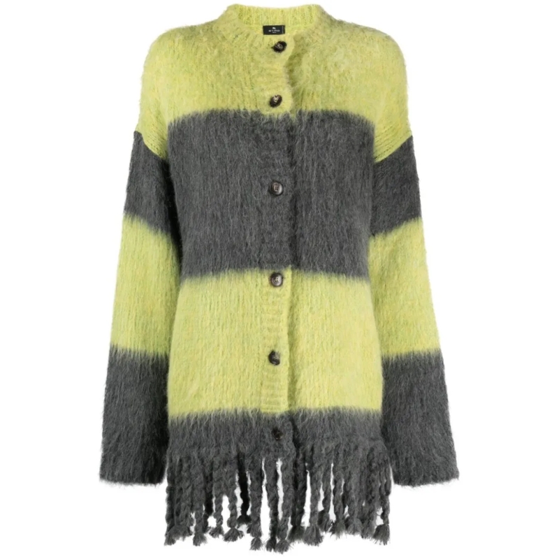 Etro Vest Striped Fringed Alpaca Wool-Blend Cardigan Grey