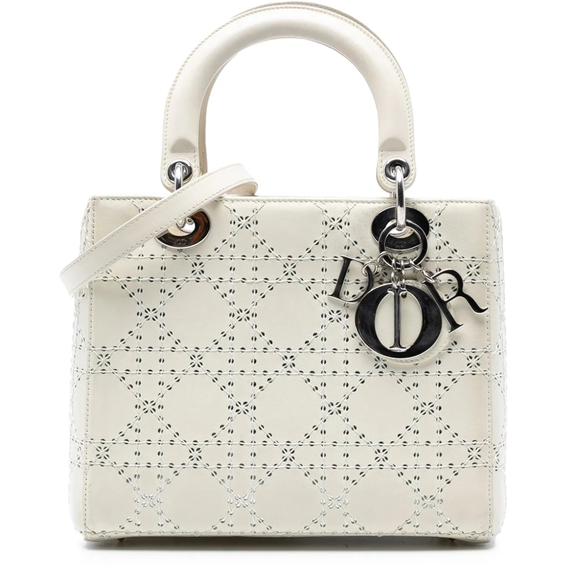 Christian Dior Schultertasche Medium Perforated Calfskin Cannage Lady Dior weiß
