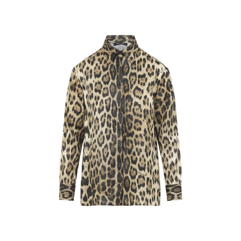 Roberto Cavalli Overhemd Leopard Print Viscose-Silk Blend Shirt With Concea Brown