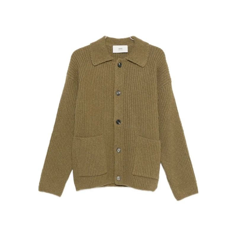 AMI Paris Vest Ribbed Knit Cardigan Brown