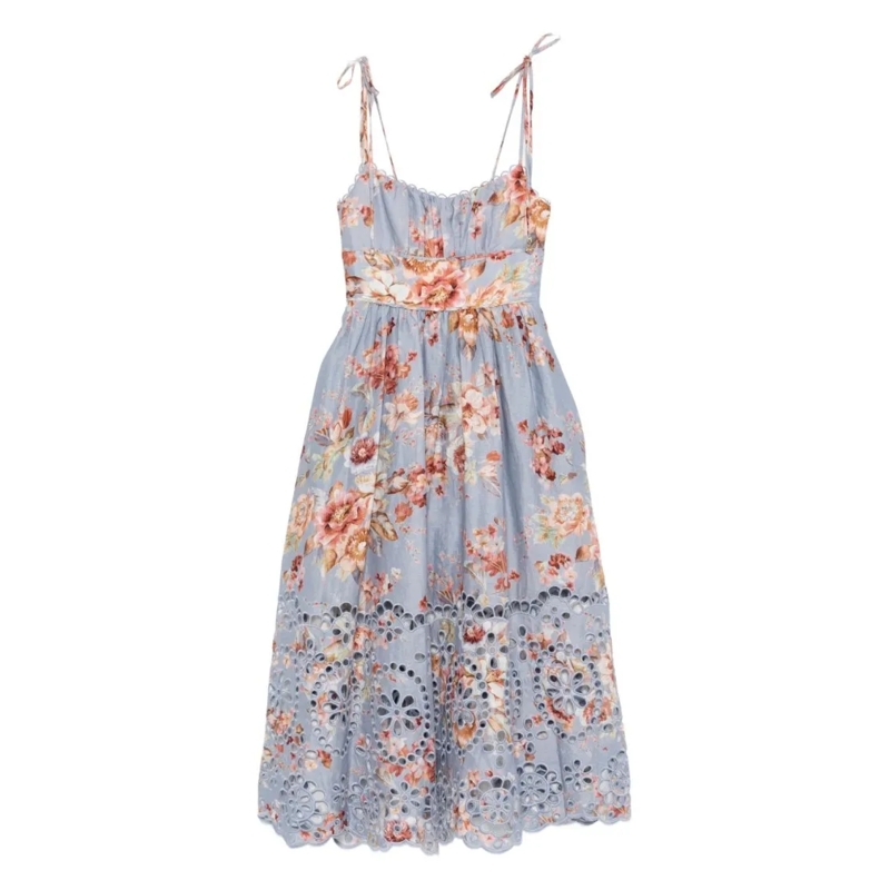Zimmermann Midi-jurk Floral Print Midi Dress With Scalloped Bodice Blue