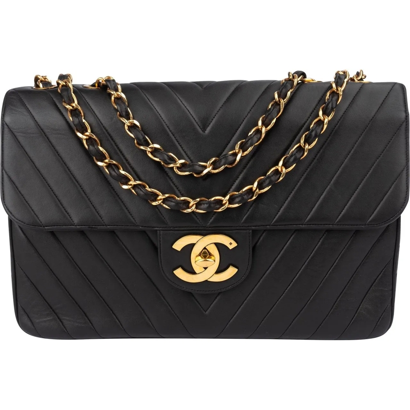 Chanel Tote Chanel Quilted Chevron Lambskin 24K Gold Maxi Sing schwarz