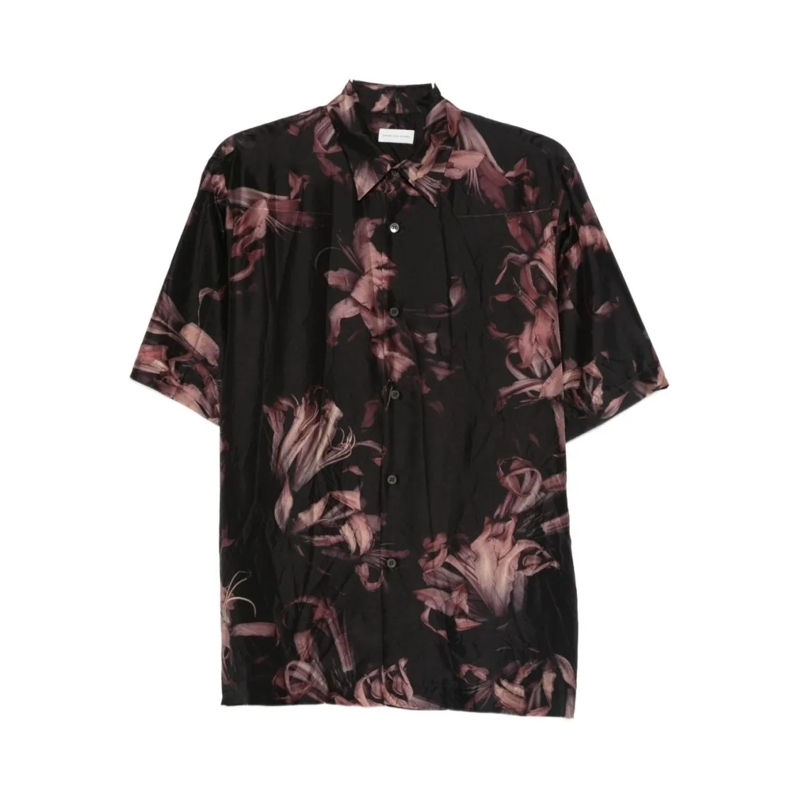 Dries Van Noten Hemd Short-Sleeved Silk Shirt With Floral Print Black