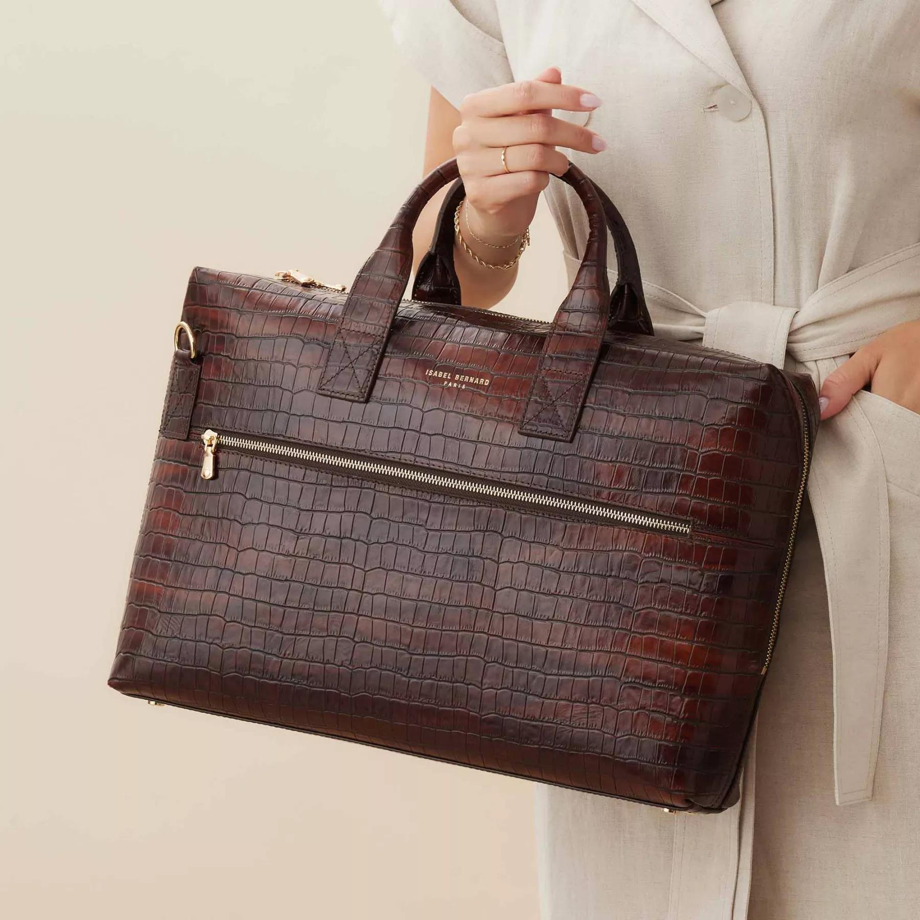 Isabel Bernard Aktetas Honoré Anique croco brown calfskin leather handbag in bruin