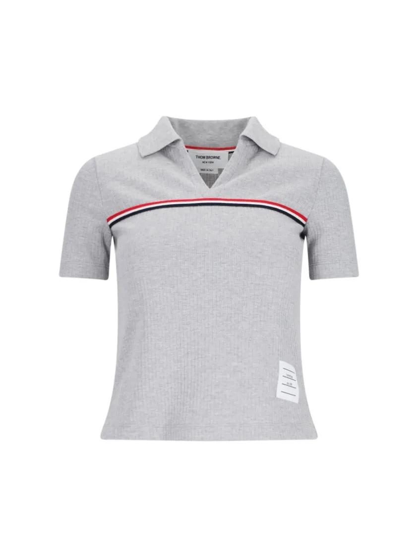 Thumbnail - Thom Browne - "Three Stripes" Knit Polo – Gray - Größe 36 - grau
