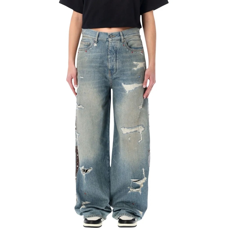 Amiri Jeans Wide-Leg Distressed Denim Jeans With Studded Detai Blue