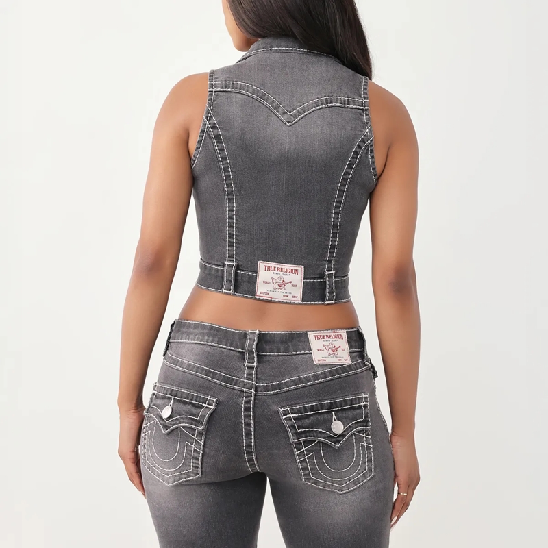 True Religion Top - Denim-Top- Tiefer Rundhalsausschnitt- Struktur schwarz(Image 4)