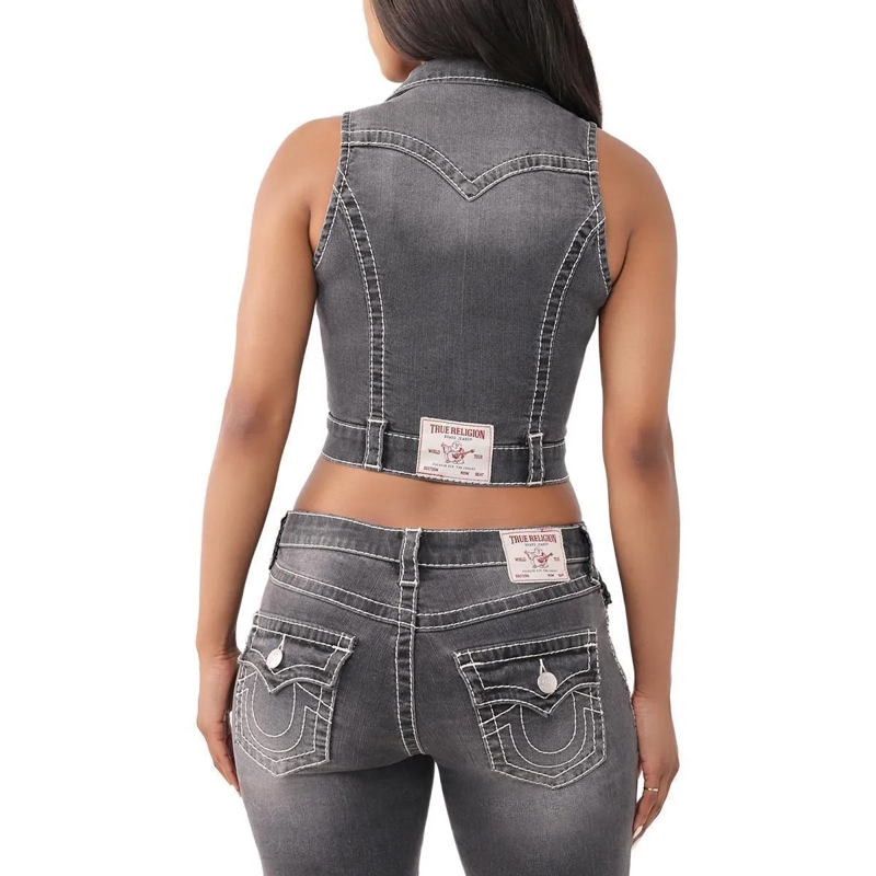 True Religion Top - Denim-Top- Tiefer Rundhalsausschnitt- Struktur schwarz(Image 3)