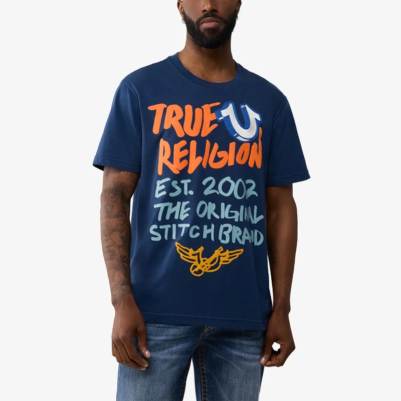 True Religion T-Shirt - Gerader Schnitt- Rundhals- Überschnittende Sch blau(Image 6)