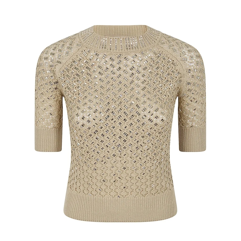 Ermanno Scervino Pull Short-Sleeved Knit Sweater With Openwork Diamond P Neutrals