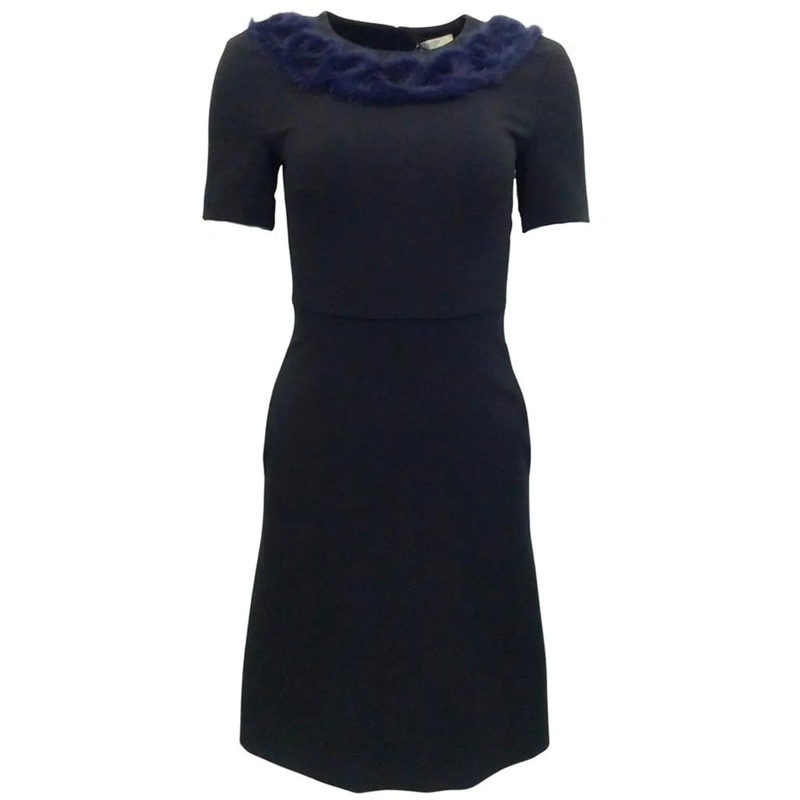 Fendi Robe midi Knitted Mink Collar Dress Black