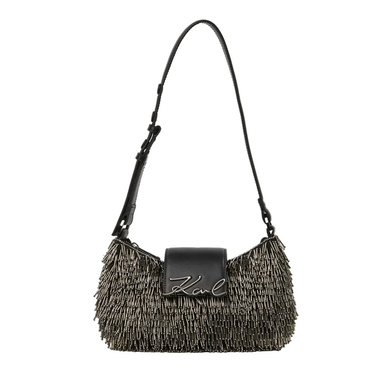 Karl Lagerfeld Schultertasche K/Signature Mond-Tasche mit Perlenbesatz schwarz