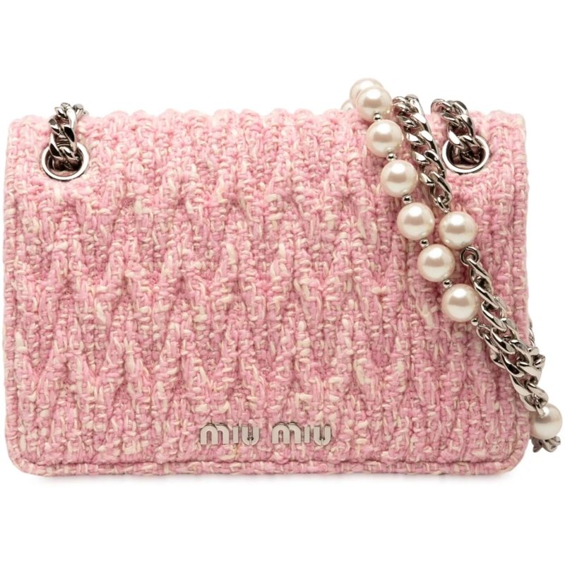 Miu Miu Schultertasche Matelasse Tweed Faux Pearl Chain Shoulder Bag rose
