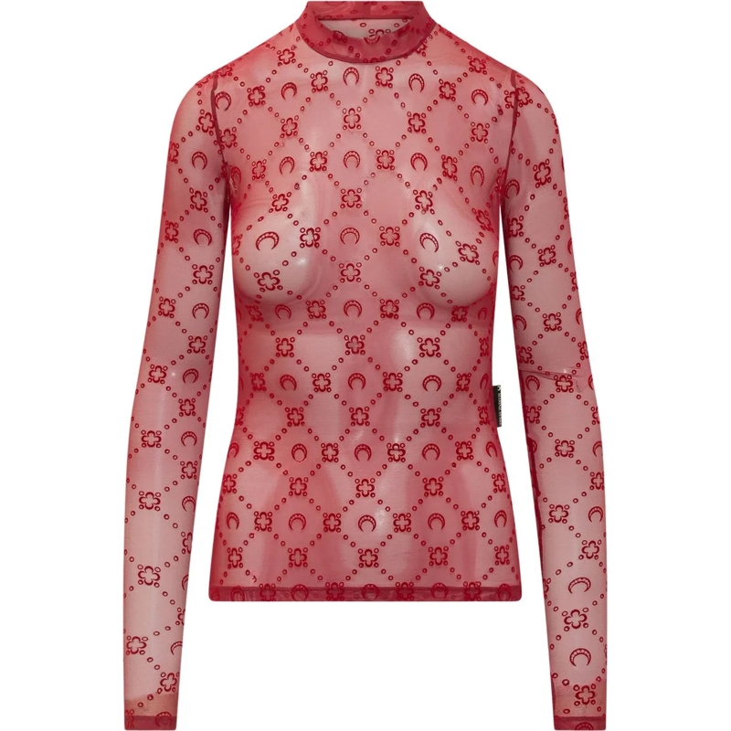 Marine Serre Haut à manches longues Top in Mesh con Collo Alto rose