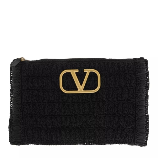 Valentino Garavani V Logo Clutch Woven Viscose Raffia Black Basket Bag