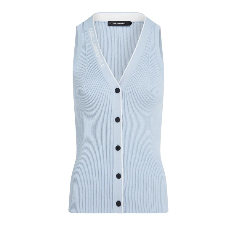 Karl Lagerfeld Gestricktes Oberteil Stricktop mit Logo und V-Ausschnitt Top blau