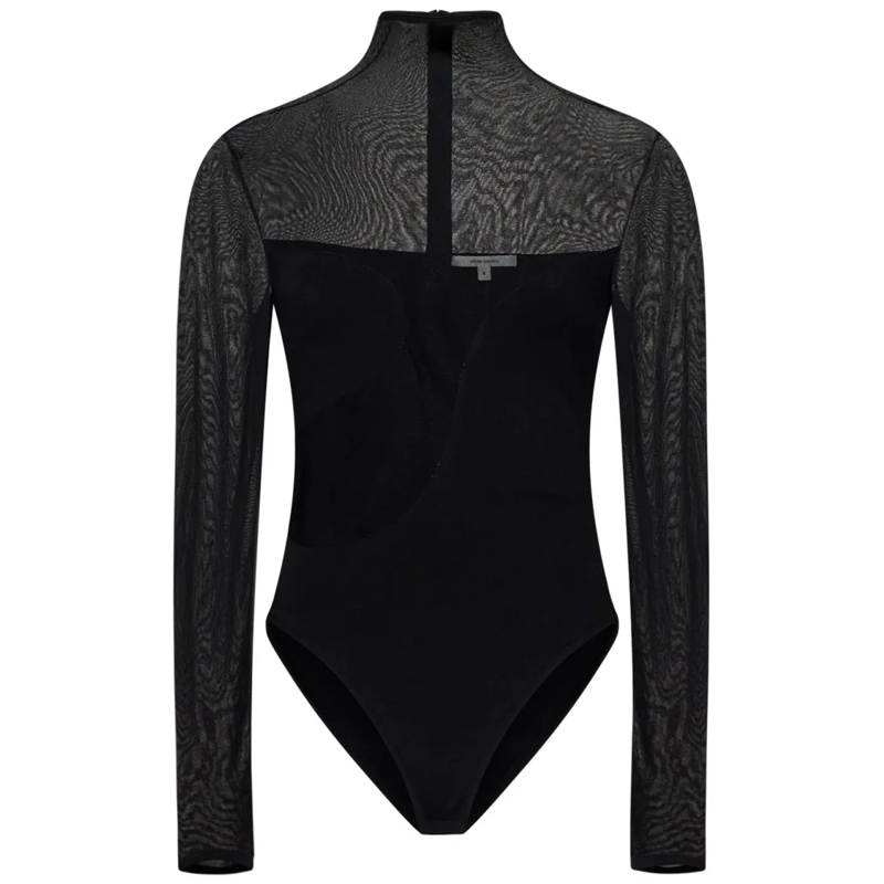 Nensi Dojaka  Asymmetric Line Bodysuit With Sheer Sleeves And Hi Black
