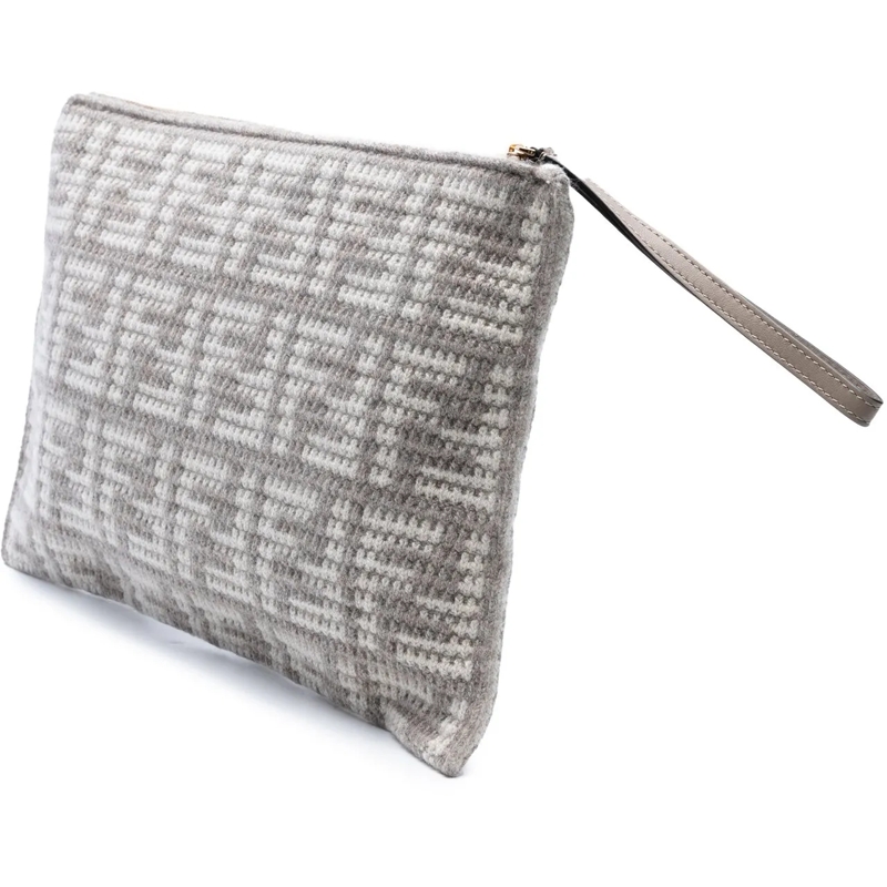 Fendi Necessaire Large Woven Fabric and Calfskin FF Flat Pouch grau