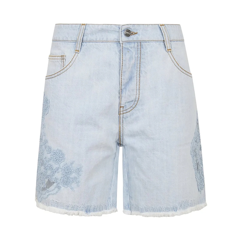 Ermanno Scervino Short décontracté Embroidered Light Blue Denim Bermudas With Frayed  White