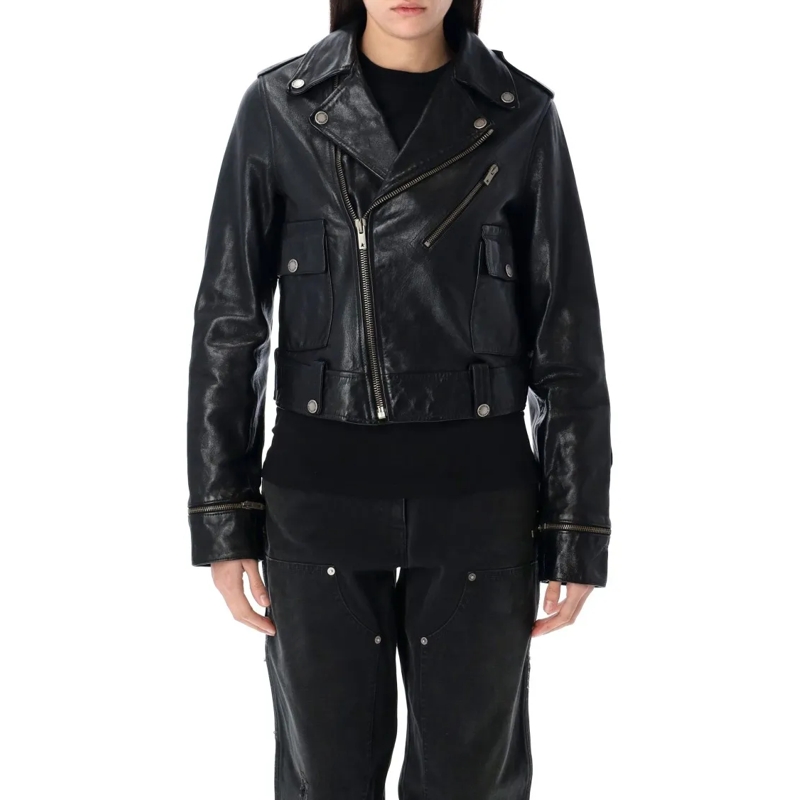 Golden Goose Leren jas Cropped Black Leather Biker Jacket With Zip Black