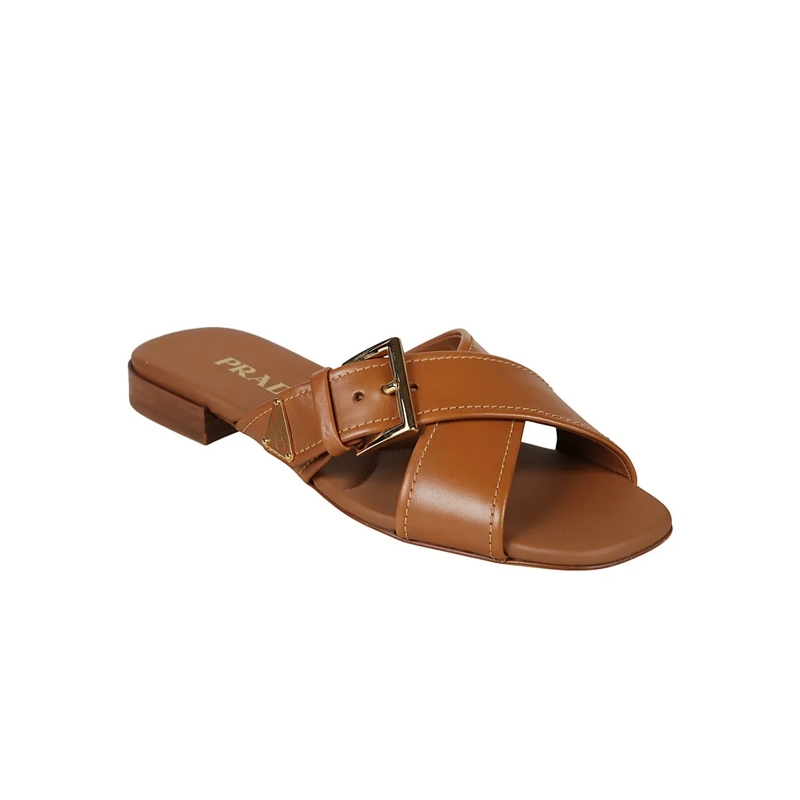 Prada Sandalen Crisscross Leather Slide Sandal With Adjustable Bu Brown