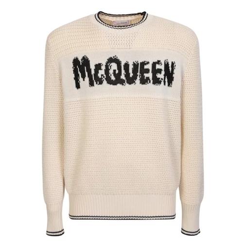 Alexander McQueen Beige Crew Neck Sweater With Graffiti Pattern Neutrals 
