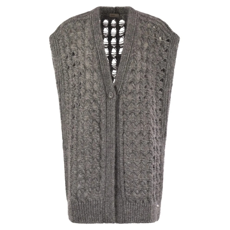 Herno Strickjacke Long Openwork Cardigan With V-Neck And Ribbed Edge Grey