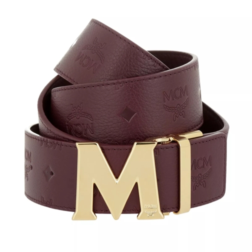 MCM Embossed Logo Flat M Belt Burgundy Leather Belt