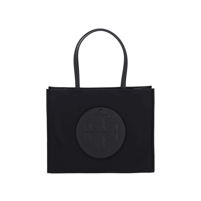 Tory Burch Tote Rectangular Black Fabric Tote With Leather Patch Black
