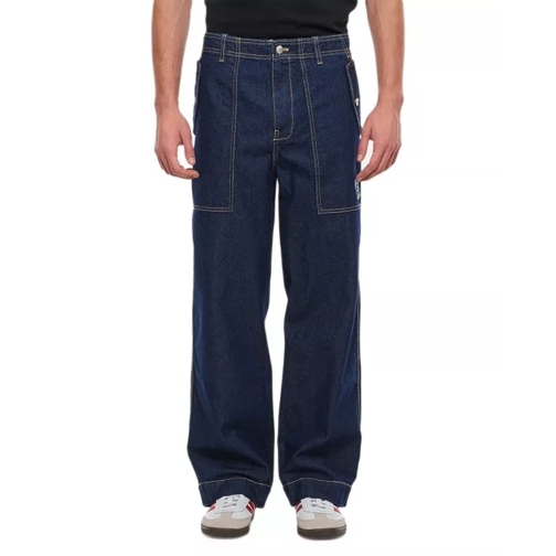 Maison Kitsune Workwear Pants In Washed Denim With Fox Head Patch Blue 