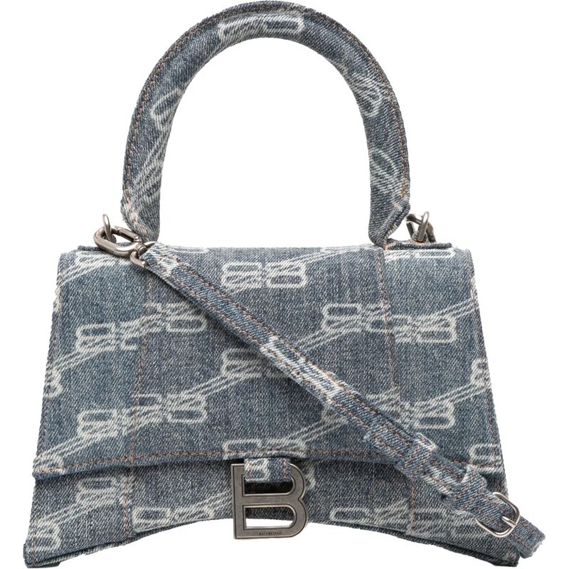 Balenciaga Schultertasche Small BB Monogram Denim Hourglass Top Handle Bag blau