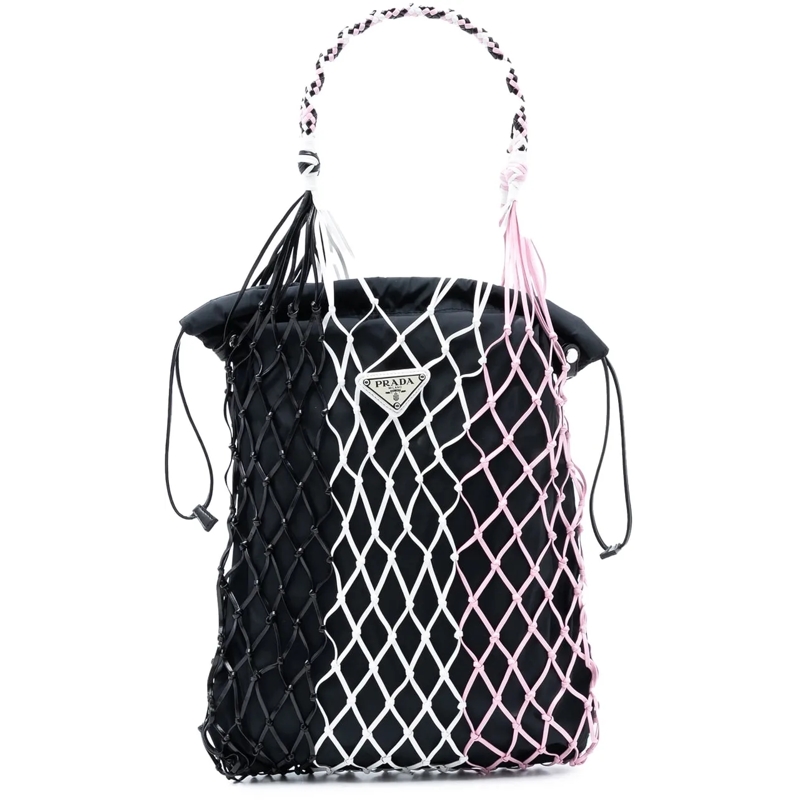 Prada Shopper Tessuto and Tricolor Rete Drawstring Tote schwarz