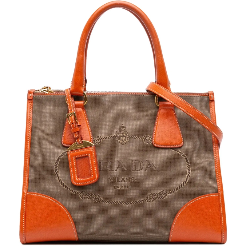 Prada Schultertasche Saffiano Trimmed Canvas Canapa Logo Double Zip Sat braun