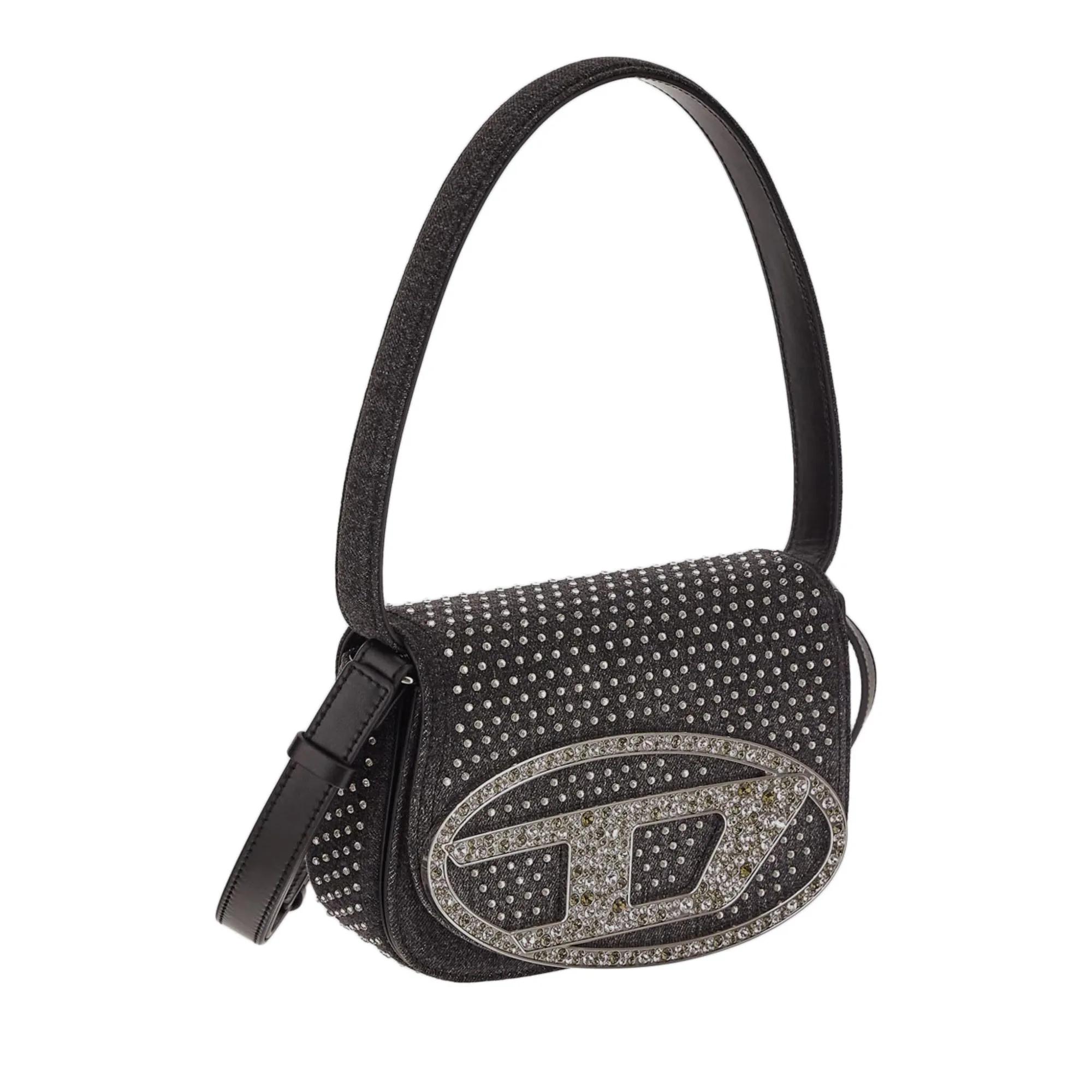 Diesel 1DR Iconic shoulder bag in denim and crystals Black Dames