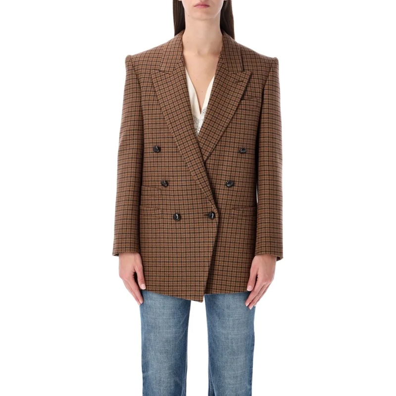 Chloé Blazer Chloé Double-Breasted Houndstooth Wool Blazer Brown