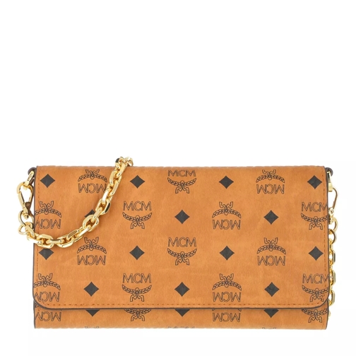 MCM Visetos Original Phone Wallet Crossbody Bag Cognac Wallet On A Chain
