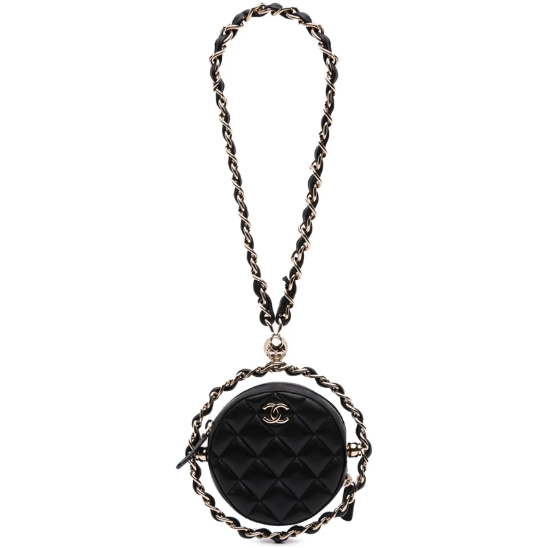Chanel Sac à bandoulière CC Quilted Lambskin Round Chain Around Clutch With schwarz