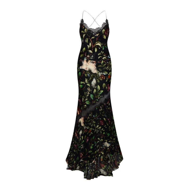 Roberto Cavalli  Floral Print Slip Dress With Lace Inserts Black