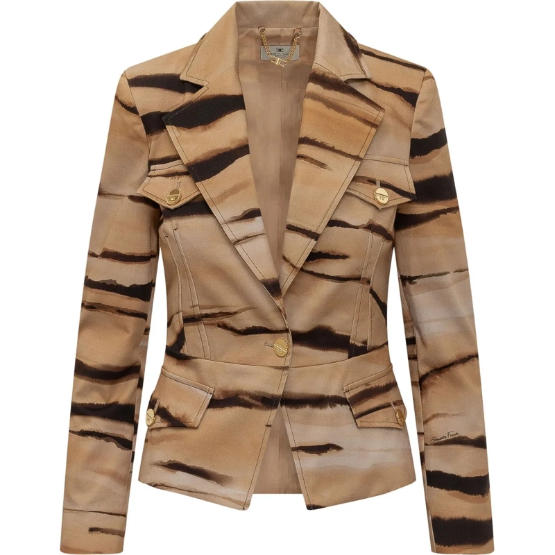 Elisabetta Franchi Blazer Giacca con Revers e Fantasia Astratta beige